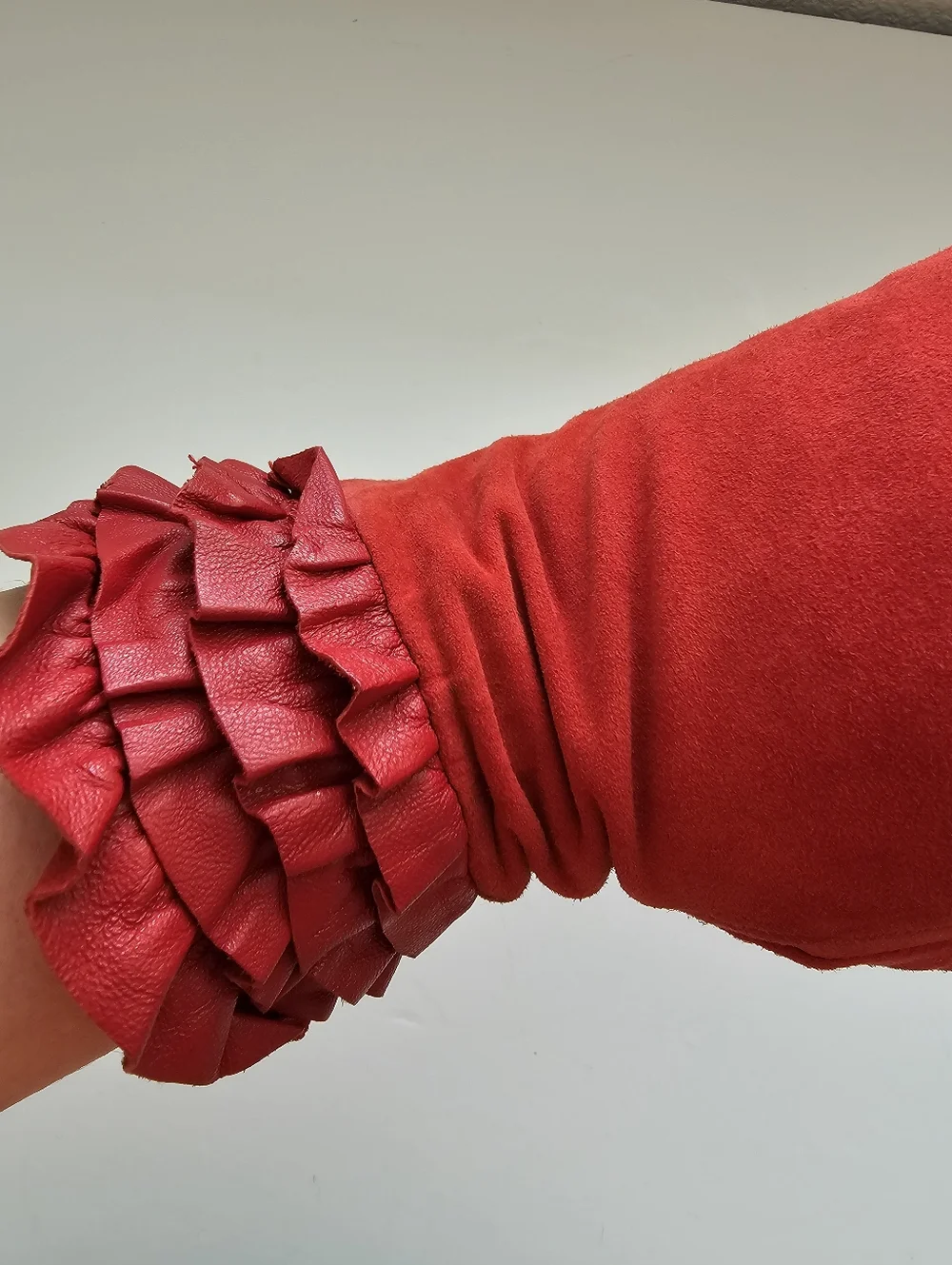 Renees NYC Crimson Red Suede Gloves Leather Ruffle Cuff Size L